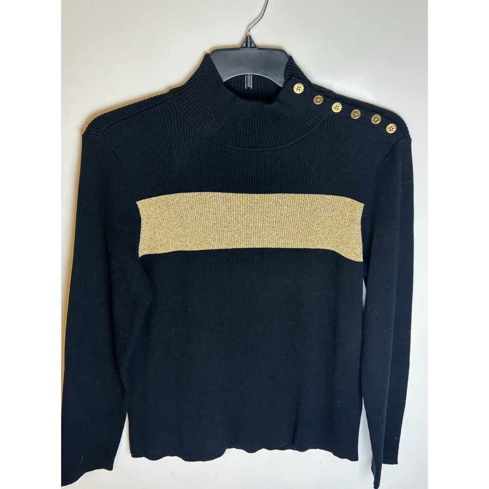 Ralph Lauren Ribbed Mock Neck Top Womens 2X Metallic Gold Buttons Colorblock